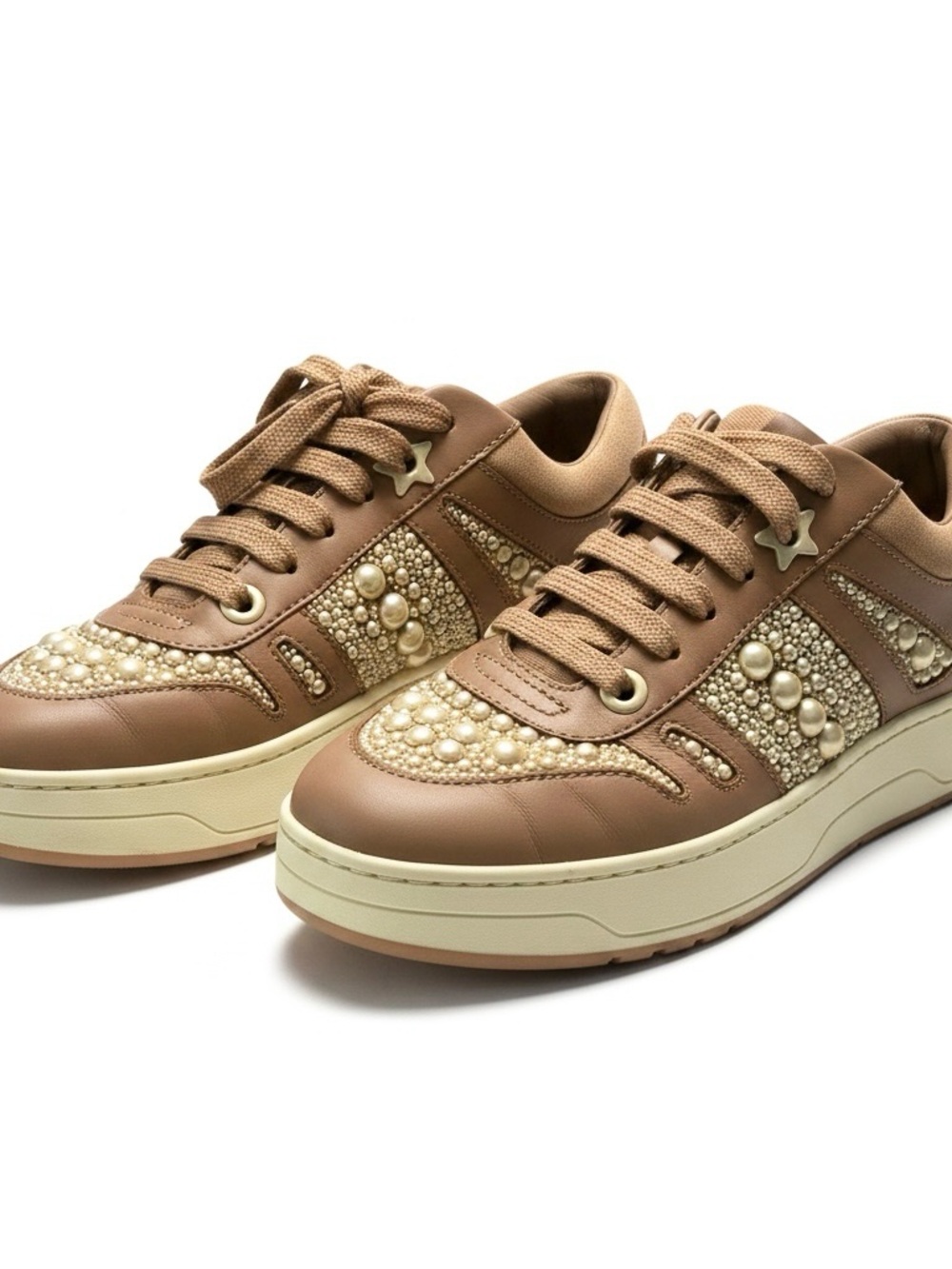 Jimmy Choo Pearl Embellished Leather Sneakers Tan Nude Designer Shoes